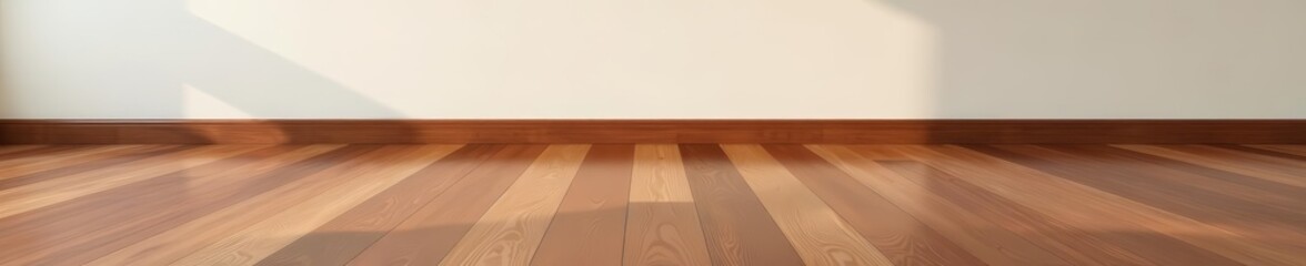 Close up shot of shiny walnut wood floor against neutral colored wall background, hardwood, design