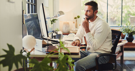 Home, businessman and thinking with computer for information, article notes and freelancer for planning. House, male person and content writer with digital for news ideas, remote work and solution