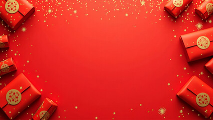 Shining Red Envelopes and Vibrant Firecrackers Frame: Celebratory Copy Space for Chinese New Year Greetings - Perfect Stock Photo Concept for Festive Celebrations and New Year Wishes