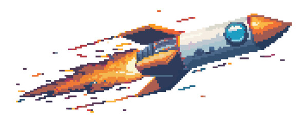 Pixel art rocket with flames showing dynamic motion.