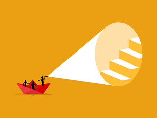 Business leader holding binoculars sailing on paper boat looking for the ladder of success