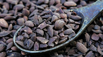 Close-up of Dark Brown Almonds in a Rustic Spoon
