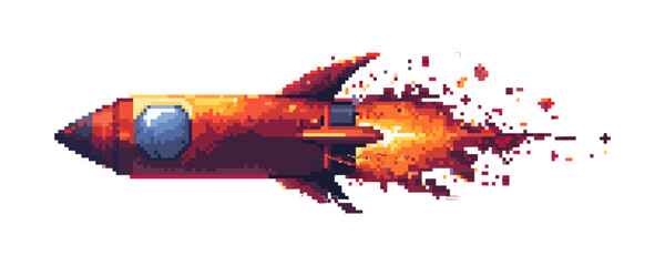 Pixel art rocket flying with fiery trail.