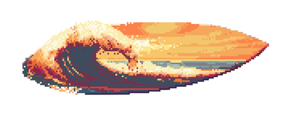 Obraz premium Pixel art surfboard with vibrant orange sunset wave design.