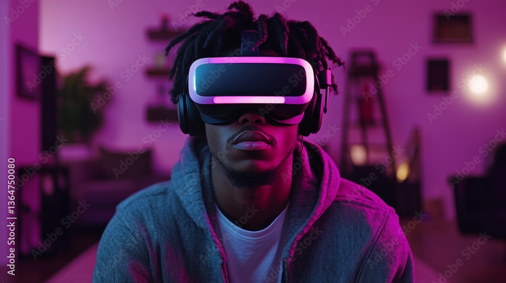 Poster immersed in virtual reality man enjoys streaming experience with vr headset and dynamic lighting