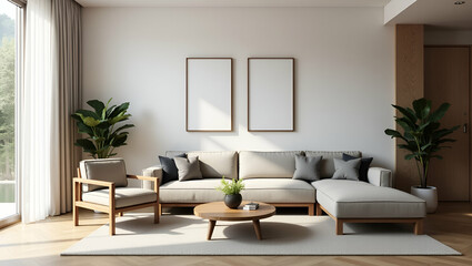 Cozy and Stylish Living Room Design: Flat Illustration of a Chic Space with Sofa Chair and Picture Frame for Modern Home Interiors