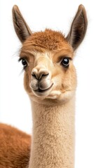 Obraz premium Closeup Portrait of a Brown and White Alpaca Against a White Background