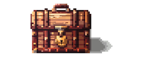 Obraz premium Pixel art wooden treasure chest with lock and handle.