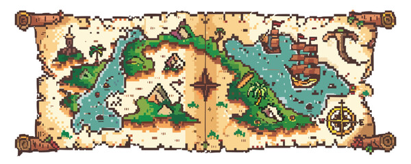 Vintage pixelated fantasy treasure map with islands and oceans.