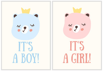 Obraz premium Cute baby shower card with blue and pink bear illustrations for boy and girl announcement. Vector illustration