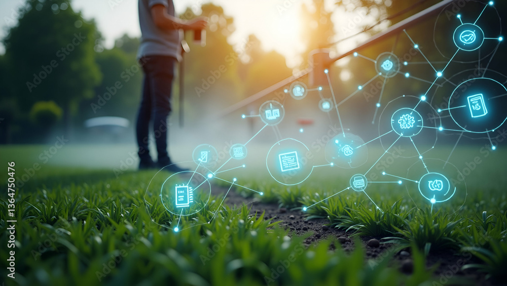Poster automated garden management: person with smart irrigation system and tech overlay in double exposure
