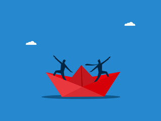 Different ideas, Two businessmen control the paper boat in different directions