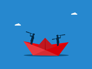 Two businessmen on the paper boat have different attitudes