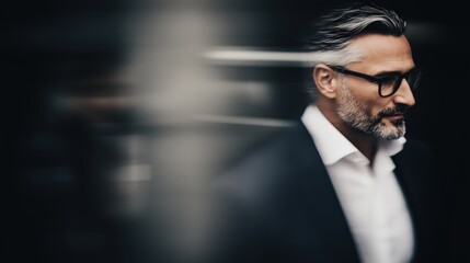 Fototapeta premium Confident businessman walking and thinking in blurred city background