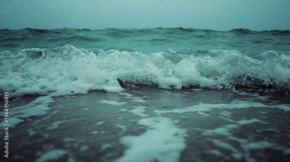 Poster close up view of ocean waves crashing on the beach with turquoise color