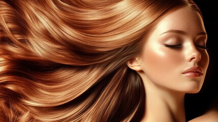 Obraz premium Golden Hair: A captivating portrait of a woman with flowing golden hair, eyes closed in serene contemplation, the sunlight catching the vibrant strands.