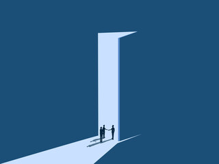 Orientation, Businessman opens the door to welcome new employees