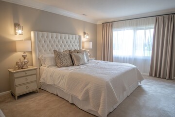 Beautifully decorated bedroom featuring a large bed with luxurious details