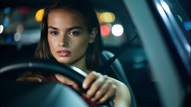 Woman Driving at Night in City &ndash; Female Driver, Car Interior, Urban Traffic, Bokeh Lights