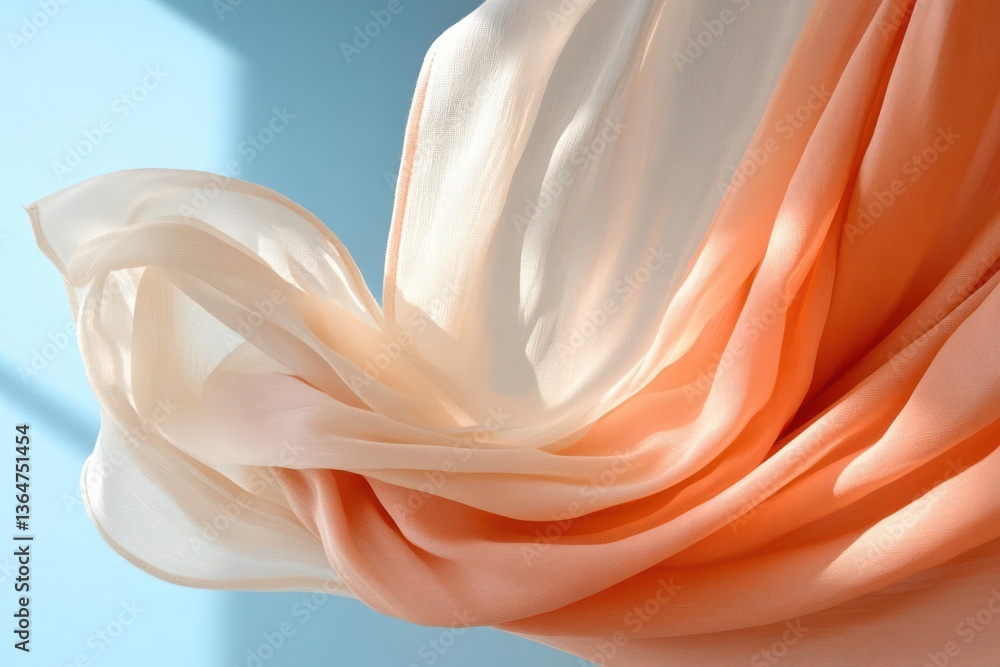 Poster close up of peach and white fabric draped with shadow and blue background