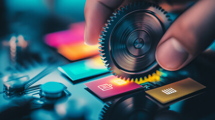 Nahaufnahme von Händen, die bunte Zahnräder und Computerhardware manipulieren
