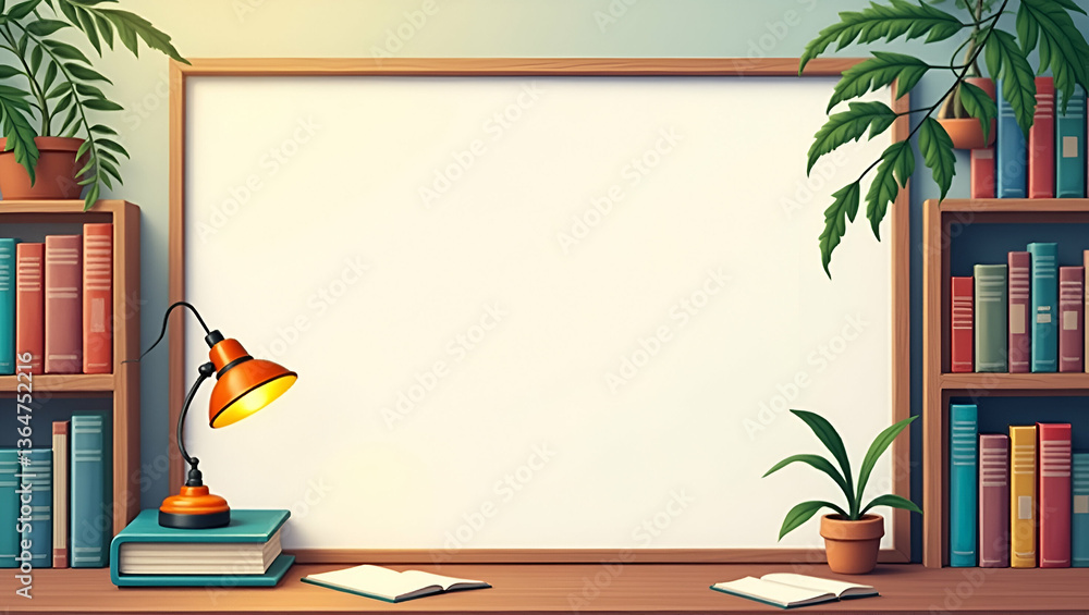 Poster cozy flat international literacy day border frame with bookshelf and lamp for custom text