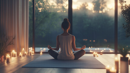 Woman meditating on a yoga mat with candles and soft lighting