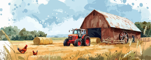Rural farm scene with red tractor, barn, hay bales, chickens in a field.