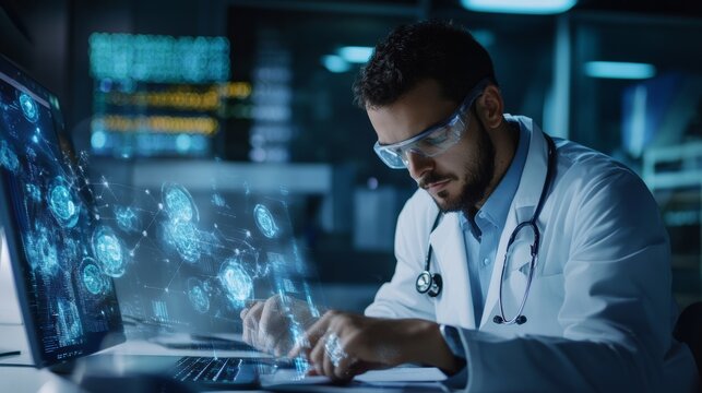 A data scientist developing machine learning models for natural language processing in healthcare, high-tech lab with real-time medical text data analysis and algorithm training, Scientific style