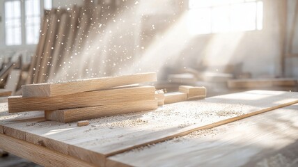 Sunlight streams across a carpentry workshop, illuminating wooden planks and sawdust in a peaceful scene.