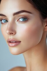 Fototapeta premium Ethereal Beauty: The portrait captures the beauty of a woman with captivating blue eyes and a serene expression, highlighting her radiant skin and delicate features. 