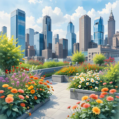 Fototapeta premium A modern watercolor painting of a rooftop garden in a city, where flowers bloom against a backdrop of skyscrapers