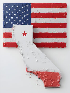 3D illustration. See through map of America against a USA flag and California loose of the rest of America