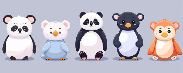 Cute cartoon animal characters: panda, penguin, bear, koala, and orangutan.