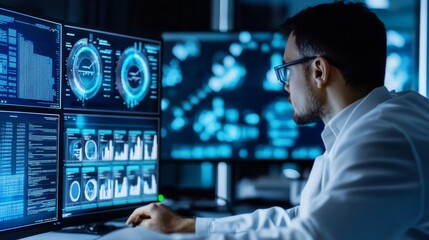 A data scientist developing predictive algorithms for climate change forecasting, high-tech lab with real-time data analysis and climate model simulations, Scientific style