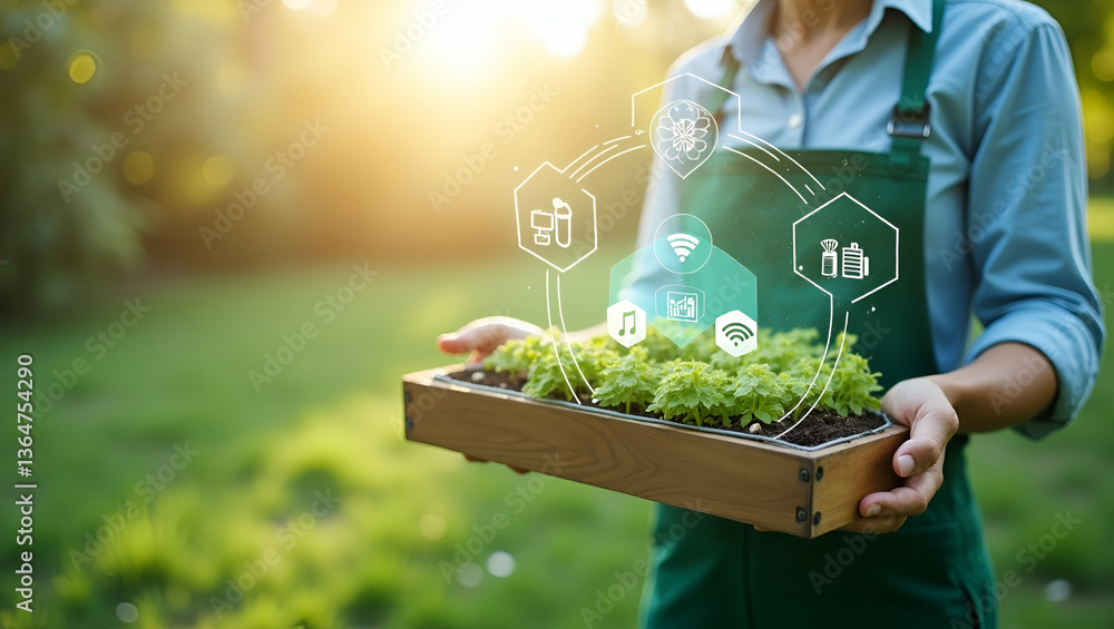 Aufkleber 3d flat icon as individual with smart garden system and tech overlay symbolizing tech enhanced garde
