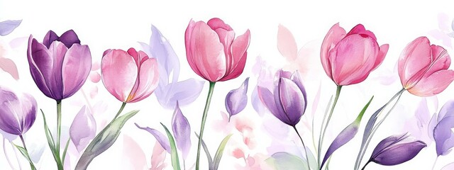 Fototapeta premium Elegant Watercolor Pink and Purple Tulips for Wedding Invitations, Greeting Cards, Wallpapers, Fashion Designs and Art Prints