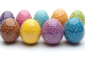 Obraz premium Colorful Easter Eggs with White Speckles on a White Background