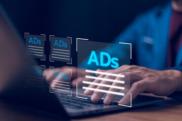 Digital marketing commerce online sale concept, online advertisement, ad on website and social media. Businessman using laptop with Ads dashboard digital marketing strategy analysis for branding.