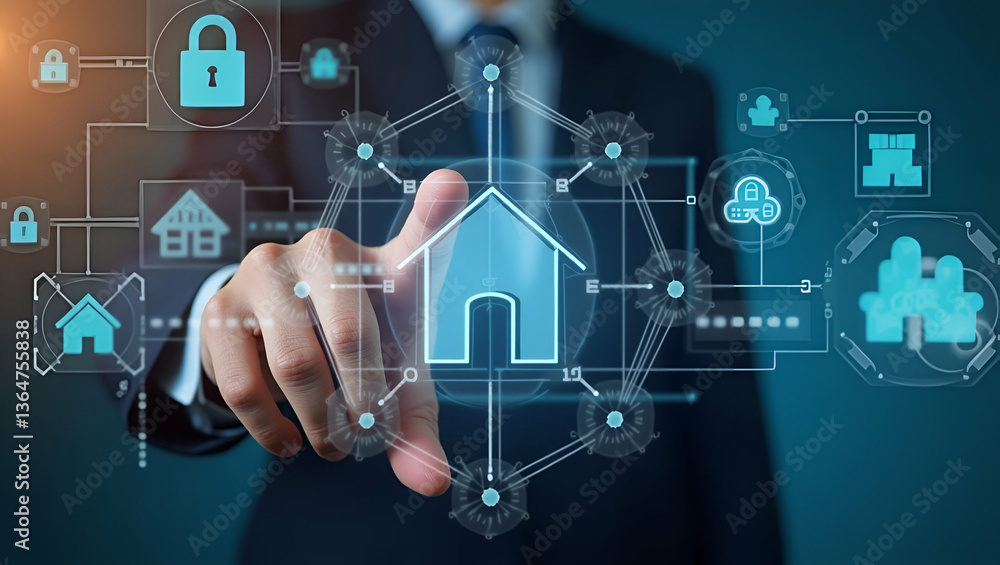 Aufkleber 3d flat icon of person with smart security system and tech overlay for home security management
