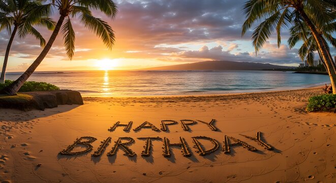 Happy Birthday written in sand at sunset beach