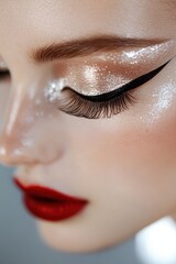 Fototapeta premium Elegance personified: a captivating close-up of a face, beautifully enhanced with expertly applied makeup. The striking combination of bold eyeliner, sparkling eyeshadow.
