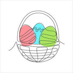 Continuous hand draw black line basket with three eggs of different colors with patterns on white background. Design for holiday card and invitation for Easter. Greeting card template text.