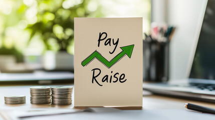 Employee Pay raise with green arrow upward with stack of coin on table with office background