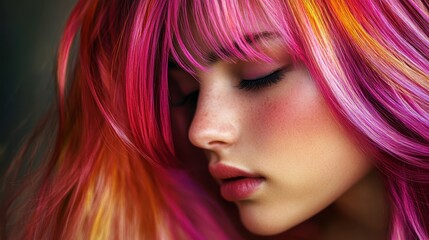 Naklejka premium Vivid Hair: The girl’s hair dyed in pink, with vivid shades of yellow and red is a stunning display of creativity, capturing the essence of beauty and imagination.
