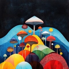 A concept drawing of an alien landscape where mushrooms dominate the ecosystem, Forest psychedelic mushrooms drawing