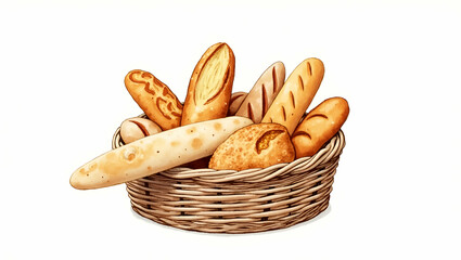Artistic Watercolor Illustration of a Rustic Basket Filled with Assorted Artisanal Breads - Perfect for Bakery Products and Kitchen Charm in Photo Stock with Empty Space for Customization