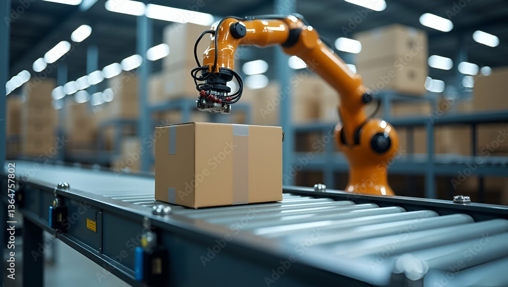 Poster automated robotic arm efficiently places cardboard box on conveyor belt in modern warehouse - stock 