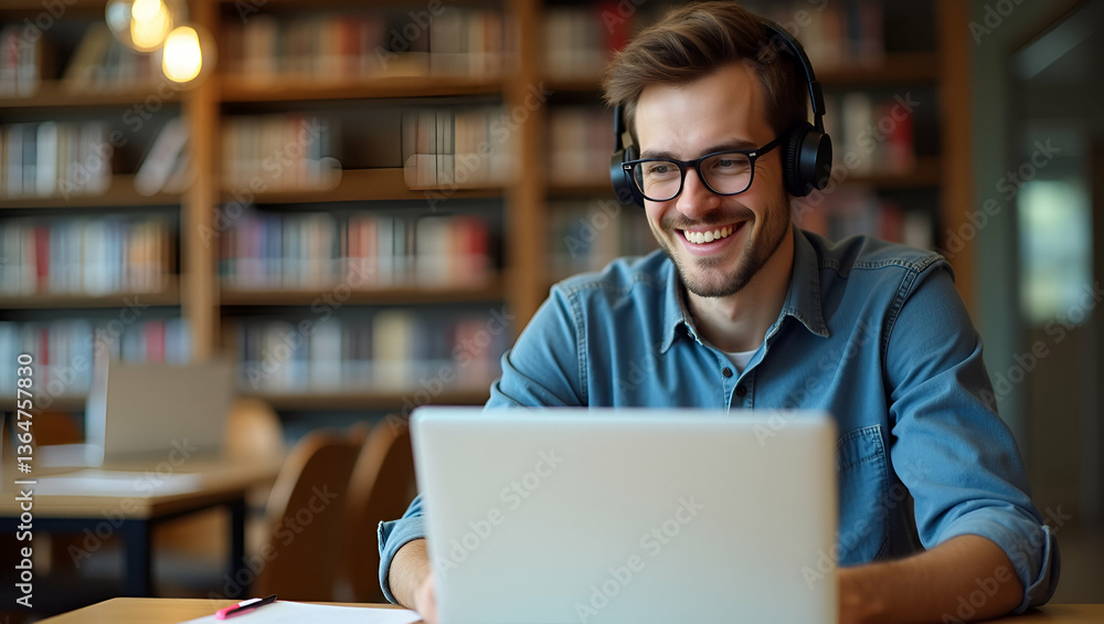 Poster flat vector illustration of a young man in library with wireless headset studying e-learning on lapt