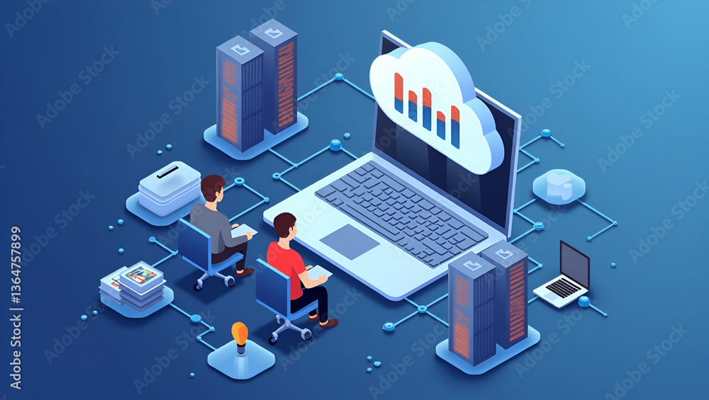 Poster scalable cloud solutions: flat vector design showcasing secure it systems with administrator & devel